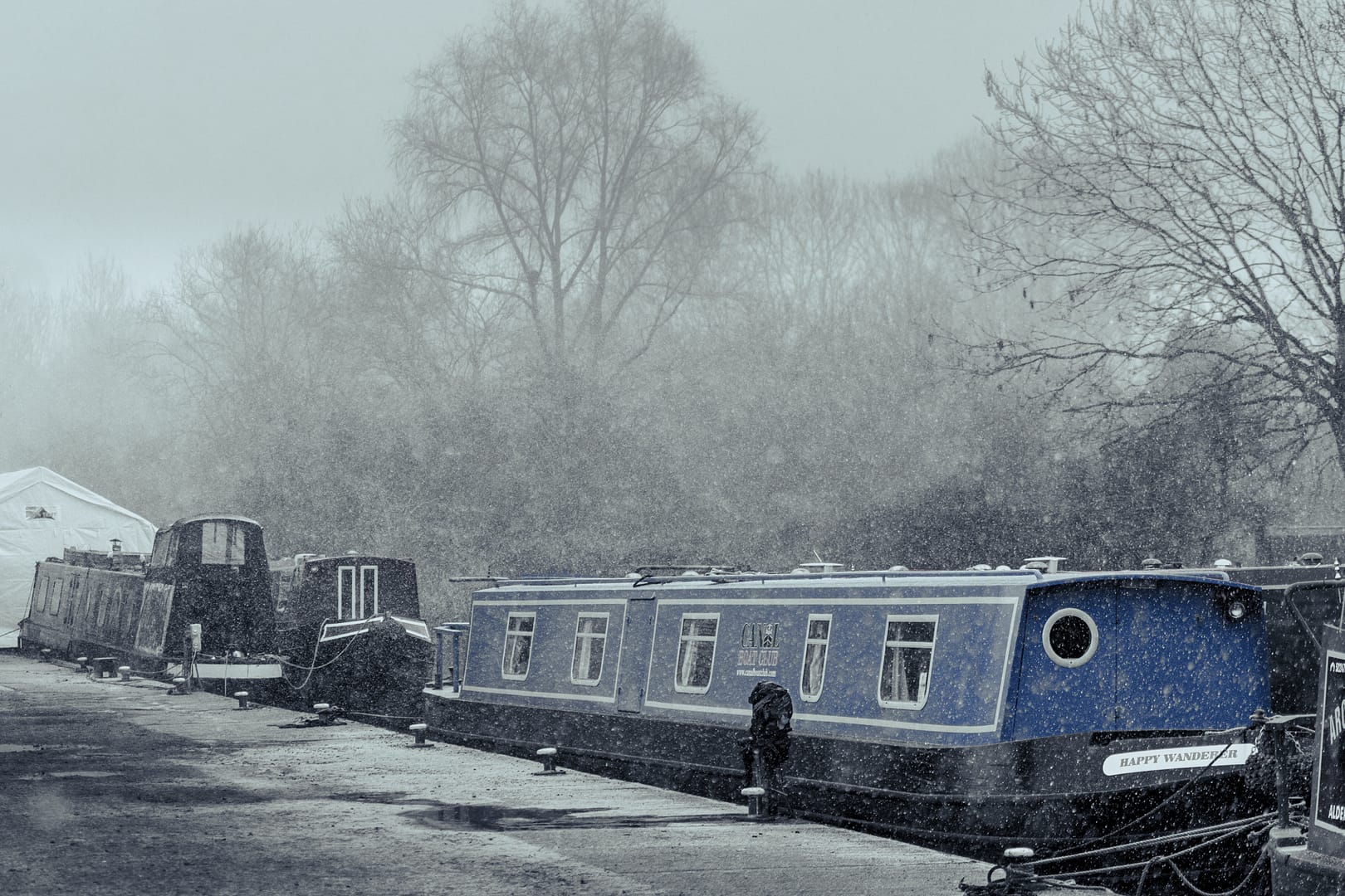 Snow on the Narrow Boats of the Kennet and Avon Canal.
