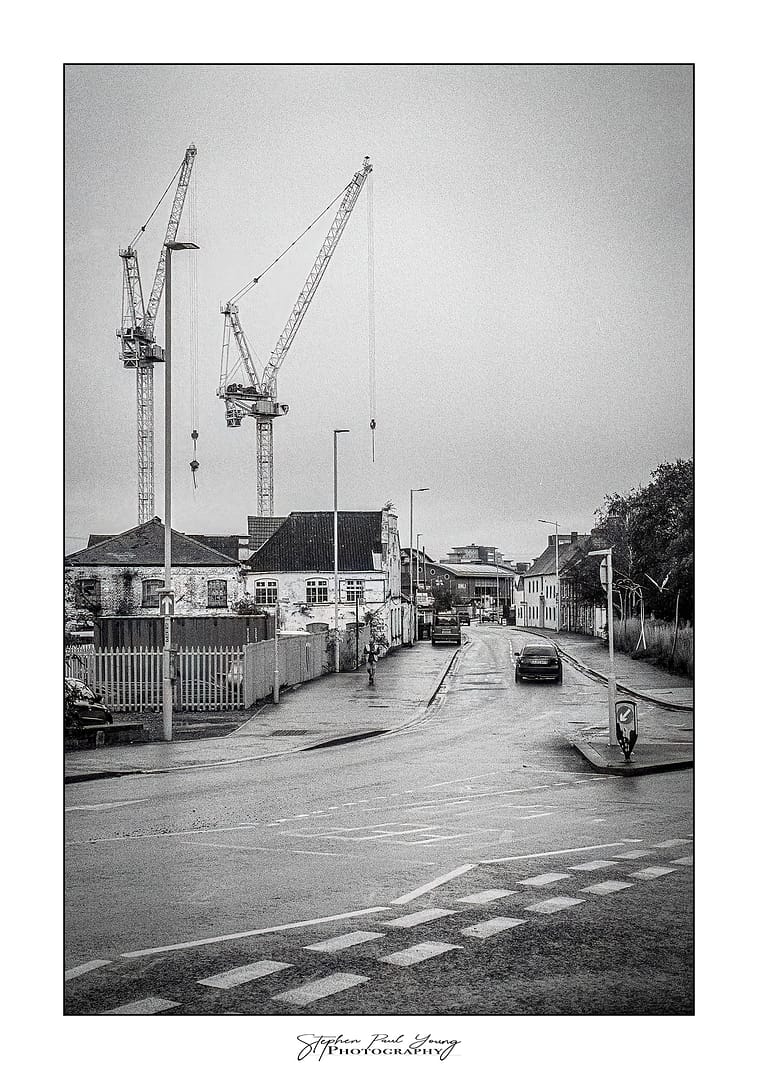 black and white Poole Harbour Cranes